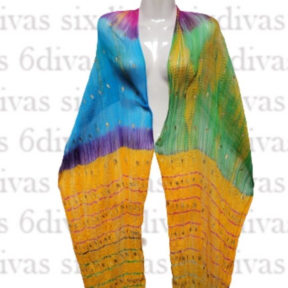 MULTI coloured Blended Cotton Silk Crinkle Scarf Dupatta - Picture 2 of 8